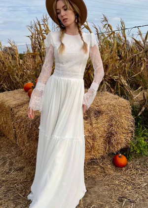 Long Sleeves Ivory French Lace Chiffon Boho Beach Wedding Dress